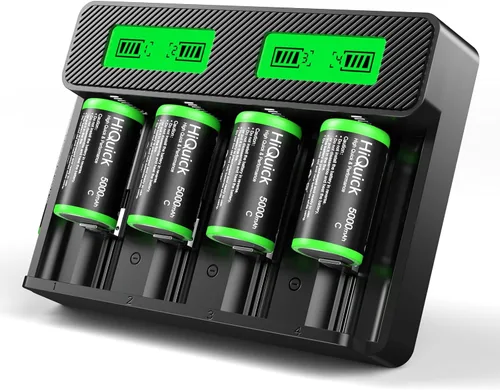 HiQuick Baterías C recargables con cargador, cargador de batería universal LCD de 4 bahías para baterías Ni-MH Ni-CD AA AAA C D de 1.2 V para