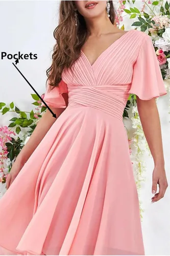 Miniatura 4 de High Low Bridesmaid Dresses 2023 V Neck Flutter Sleeves Formal Party Dress with Pockets