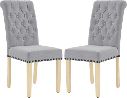 Miniatura 14 de LOULENS Juego de 2 sillas de comedor de tela, modernas sillas Parson tapizadas de lino con ribete de cabezas de clavos, botones acolchados, patas