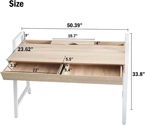 Miniatura 3 de LUCKYERMORE Escritorio para computadora de oficina en casa, mesa de pie de madera de roble de 50 pulgadas con 2 cajones, escritorio de estudio