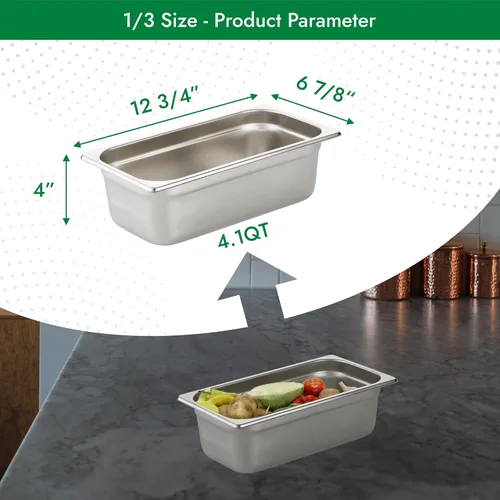 Miniatura 2 de HECMAC Paquete de 6 Bandejas Gastronómicas Anti-Atasco para Hotel, Tamaño 1/3 de 4 Pulgadas de Profundidad, Bandeja Comercial de Acero Inoxidable