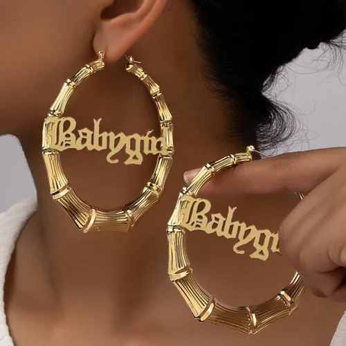 Miniatura 2 de Pendientes de aro grandes de bambú con letra inglesa antigua, estilo hip-pop, accesorio de fiesta de moda