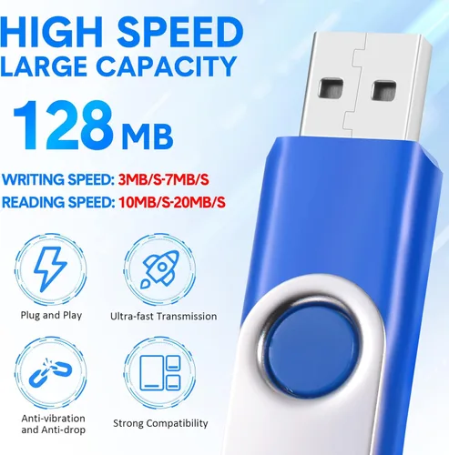 Miniatura 3 de Paquete de 50 unidades flash USB 2.0 de 128 MB a granel con cordones, unidad de pulgar USB giratoria a granel con luz LED, bolígrafo giratorio