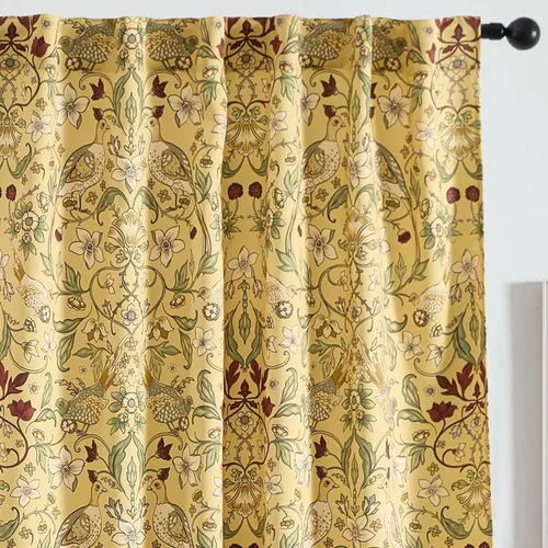 Miniatura 14 de HLC.ME Florence - Cortinas con estampado floral y de pájaros, con pestaña trasera y bolsillo para barra, cortinas para oscurecer el dormitorio
