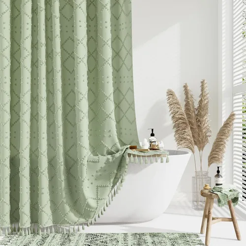 Dynamene Cortina de ducha de tela de 36 x 72 pulgadas, diseño bohemio, geométrico, a rayas, para baño, juego de cortina de ducha estrecha gruesa de