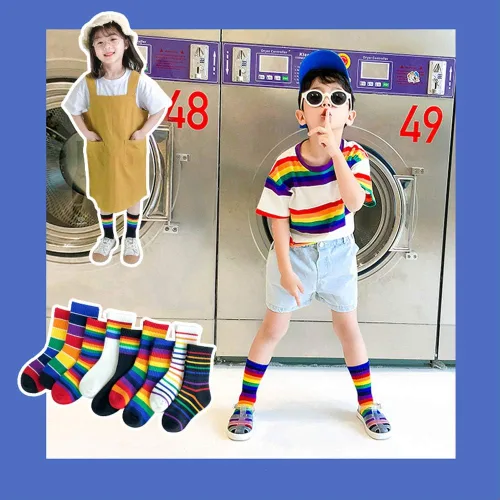 Miniatura 6 de EIAY Shop Calcetines de algodón con rayas arcoíris para niños y niñas grandes