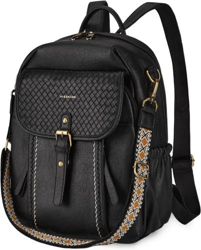 Missnine Mochila de cuero para mujer, mochila antirrobo, bolsa de hombro convertible con cremalleras seguras para viajes y trabajo, Negro -, Vintage