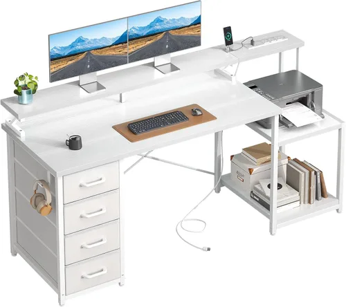 Miniatura 8 de ODK Escritorio para computadora de 55 pulgadas con 4 cajones, escritorio de oficina con luces LED y estantes de almacenamiento, mesa de estudio Negro
