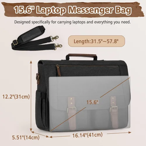 Miniatura 2 de RAINSMORE Bolsa tipo mensajero para hombre de 15.6 a 17.3 pulgadas, resistente al agua, de lona, maletín para computadora, para trabajo, universidad