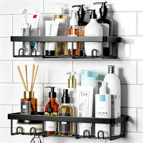 Moforoco Estante organizador de estante para ducha, cesta autoadhesiva negra para estantes de baño, decoración interior de pared de casa de campo,