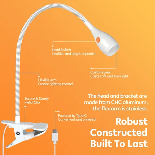 Miniatura 7 de acegoo Luz de lectura minimalista para cabecero de cama, lámpara de clip blanca regulable con adaptador USB-C, cuello flexible y práctico