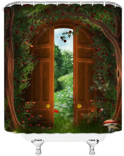 Cortina de ducha con diseño de bosque verde, puerta de madera, jardín, árbol, casa, cuento de hadas, paisaje natural, baño, ganchos de tela de