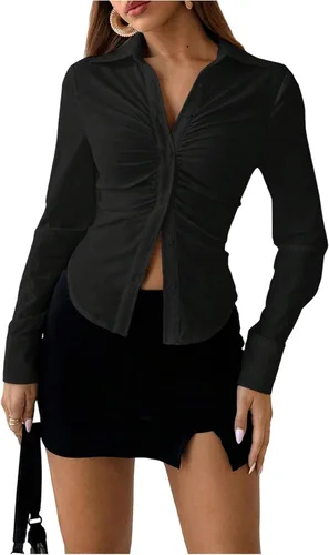 SOLY HUX - Blusas de manga larga con botones y fruncidos para mujer, camisas de ajuste delgado, tops estéticos