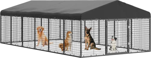 Perrera para Perros de Exterior de 236" x 118" de Acero Ideal Cerca para Perros Medianos/Pequeños Jaula con Revestimiento Antioxidante con Techo