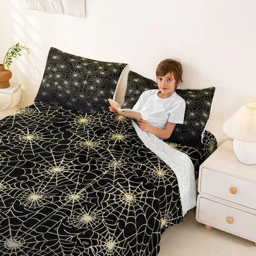 Miniatura 4 de Erosebridal Sábanas de Telaraña Juego de Sábanas Feliz Halloween Juego de Ropa de Cama de Líneas Rayas Geométricas Tamaño King Sábana Plana Amarillo