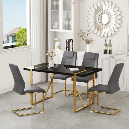 Miniatura 26 de Juego de mesa de comedor moderna de 55 pulgadas para 4, mesa de comedor negra y marco de metal dorado, mesa de comedor rectangular con 4 sillas