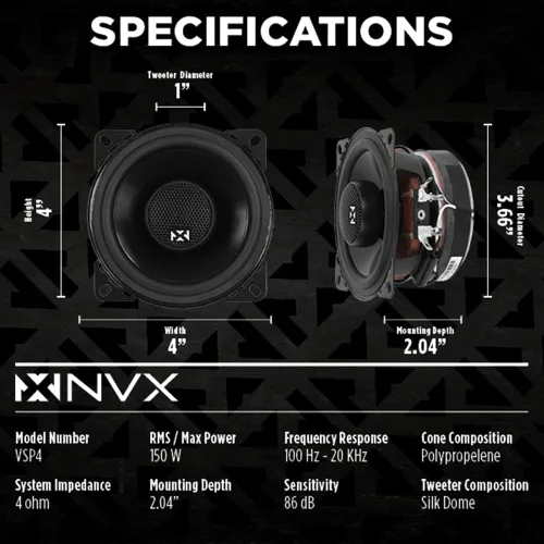 Miniatura 3 de NVX® VSP4 Altavoces Premium para Automóvil de 4 pulgadas, 450 W máximo, 150 W RMS, coaxial de 2 vías con tweeters de cúpula de seda de 1 pulgada