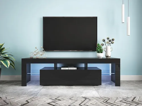 Miniatura 7 de Soporte de TV negro con 2 estantes de almacenamiento y 3 estantes abiertos, TV LED de alto brillo, centro de entretenimiento de TV, consola de TV