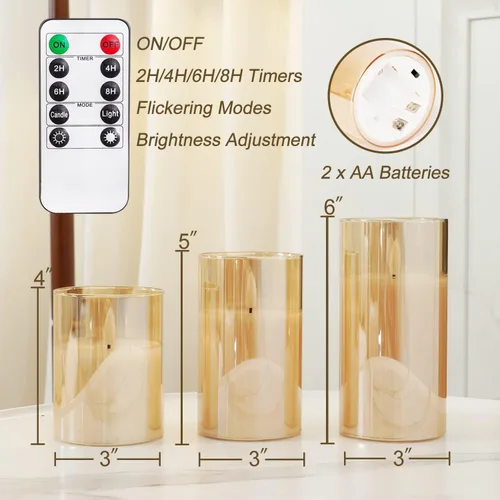 Miniatura 6 de Homemory juego de 3 velas sin llama de vidrio ámbar, velas LED acrílicas que funcionan con pilas, con control remoto y temporizador, Velas Radiance