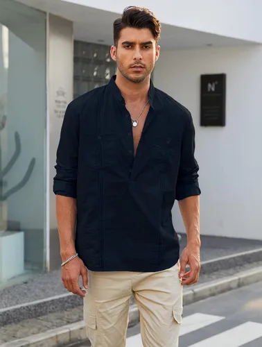 Miniatura 3 de Uiriuy Camisas Guayabera de lino con botones y manga larga para hombre