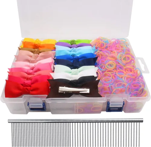 Miniatura 16 de YOY 20 adorables lazos para el pelo de perro con clips y 1000 bandas de goma y 1 peine de acero para peluquería, nudo superior de cachorro, moño