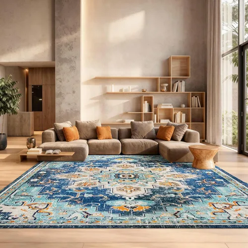 Miniatura 70 de Safavieh Madison Collection (MAD473M) Tapete redondo de 4 pies, azul y azul claro, diseño chic y bohemio desgastado de medallón, no pierde fibras