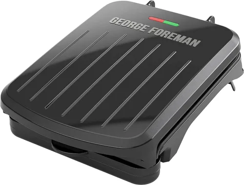 George Foreman Parrilla eléctrica para interiores y prensa Panini con placa clásica de 2 porciones, color negro, GRS040B