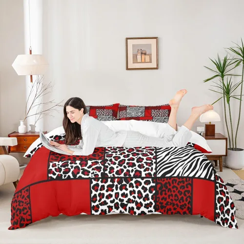 Miniatura 21 de Juego de funda de edredón con estampado de leopardo, tamaño individual, juego de ropa de cama rústica con rayas de piel de cebra, decoración