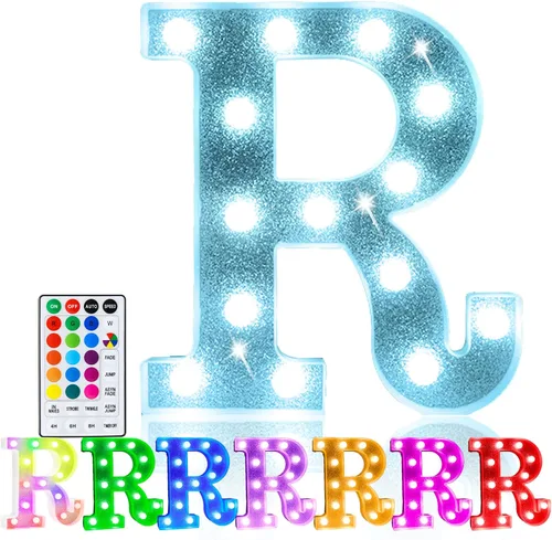 Pooqla Letras iluminadas coloridas, letras con luces LED, letreros de marquesina alimentadas por pilas, lámpara del alfabeto de 18 colores con