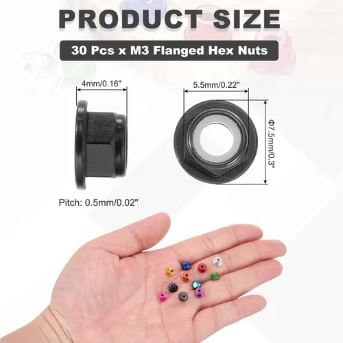 Miniatura 2 de MECCANIXITY 30 piezas de tuercas de bloqueo de aleación de aluminio M3 con paso de 0.5 mm, tuercas hexagonales con brida de nylon con rosca serrada