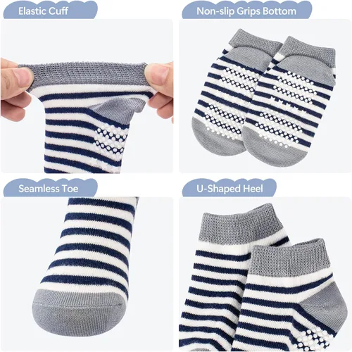 Miniatura 2 de Looching Calcetines tobilleros antideslizantes para bebés y niños pequeños, 12 pares de calcetines antideslizantes de algodón para niños y niñas