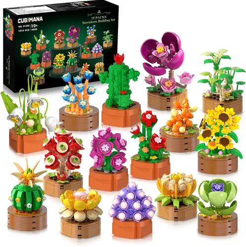 CUBIMANA Paquete de 15 mini construcción de flores y plantas, colección botánica de flores, juguete de bloque de 0.142 in para decoración de oficina