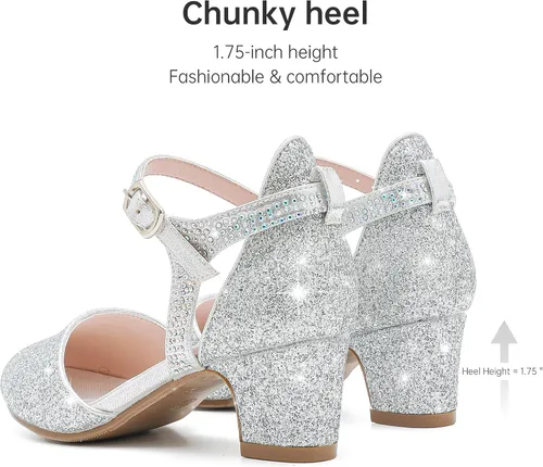Miniatura 6 de Zapatos de vestir para niñas, puntera cerrada, tacones altos y gruesos, correa para el tobillo, zapatos de tacón para boda y fiesta
