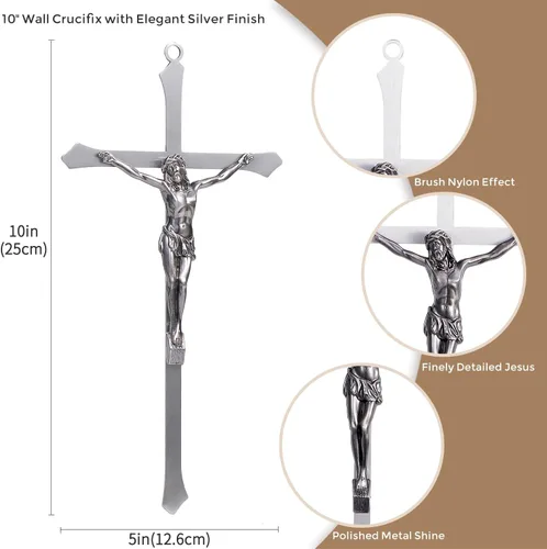 Miniatura 2 de ACHIBANG Crucifijo de metal de 10 pulgadas - Cruz de Jesús de plata católica moderna para decoración de pared, símbolo cristiano de fe plata