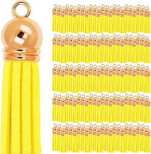 Miniatura 64 de Mandala Crafts 100 borlas de gamuza sintética color aguamarina con tapa dorada, suministros para hacer llaveros a granel, pequeñas borlas de cuero