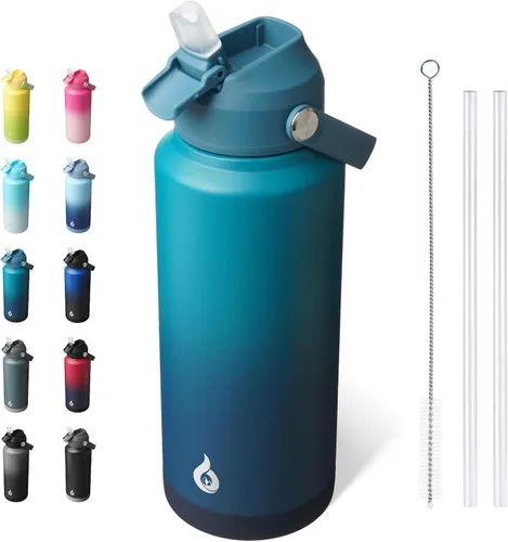 Miniatura 15 de BJPKPK - Botella de agua aislada con tapa de popote, 532 ml Botellas termo con boquilla suave, asa flexible y base antideslizante, libre de BPA, a