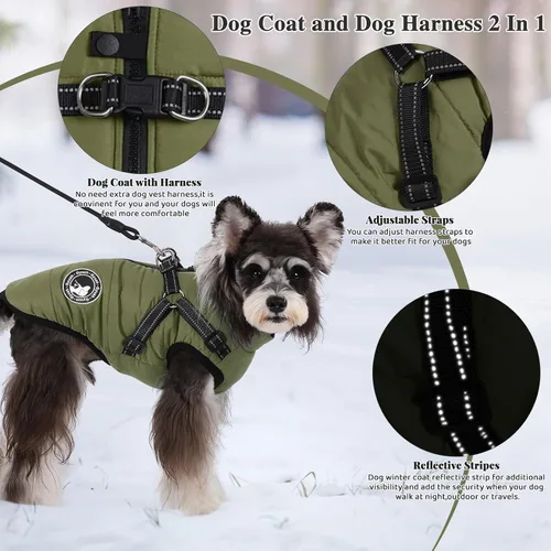 Miniatura 3 de Jinpet - Abrigo con arnés reflectante de invierno para perro, tela polar impermeable, chaqueta con cremallera, para cachorros, perros pequeños, Verde