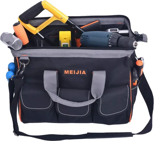 Miniatura 8 de MEIJIA Bolsa de herramientas impermeable resistente, organizador de herramientas de lona de boca ancha de 14 pulgadas con correa de hombro ajustable