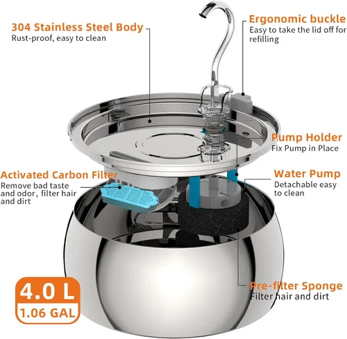 Miniatura 2 de Fuente de agua para gatos de acero inoxidable de 4.0L/1.1 galones para beber, fuente de agua para mascotas para gatos en interiores, bomba ultra