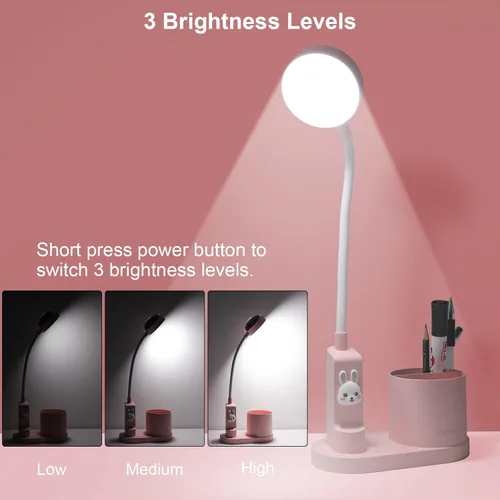 Miniatura 3 de Lámpara LED de escritorio para niños, pequeña y bonita luz de mesa con soporte para bolígrafo, lámpara de cuello de cisne rosa, proyector
