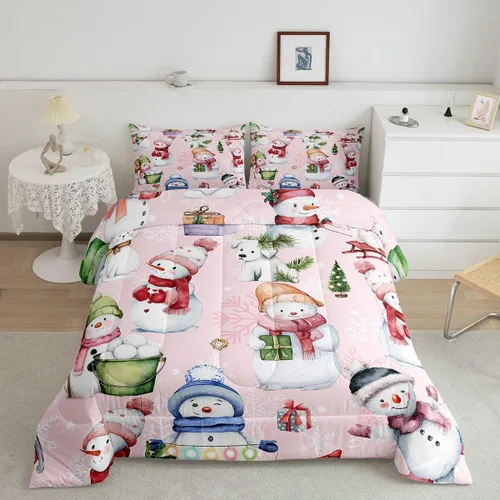 Miniatura 4 de Manfei Juego de edredón de Navidad, tamaño Queen, lindo muñeco de nieve, perros, copo de nieve, edredón con 2 fundas de almohada, juego de ropa