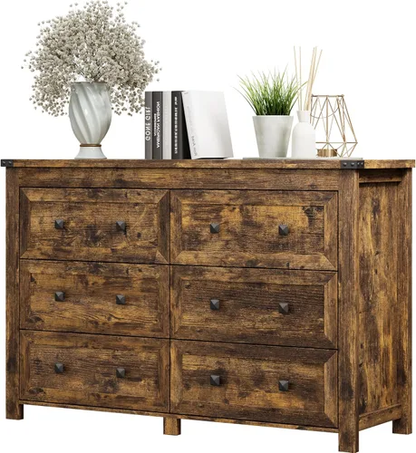 Miniatura 12 de Cómoda para dormitorio con 6 cajones, cómoda de madera de granja, soporte de TV ancho con mango de metal, organizador de ropa moderno para pasillo