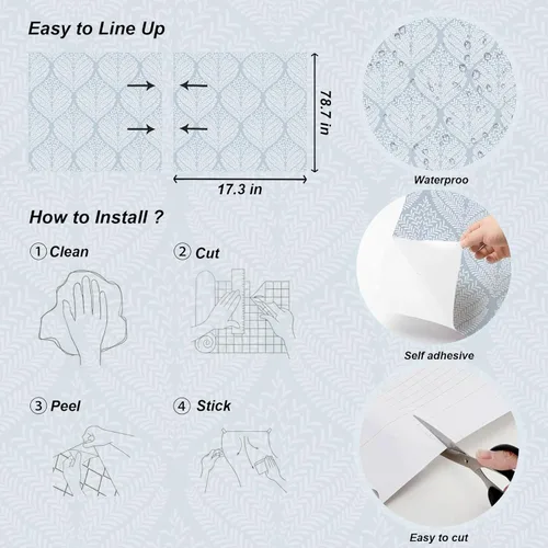 Miniatura 6 de Papel Tapiz Moderno Despegar y Pegar Azul y Blanco 17.3"x78.7" Papel de Contacto Autoadhesivo Removible Papel Tapiz Boho Hoja Geométrico Decorativo