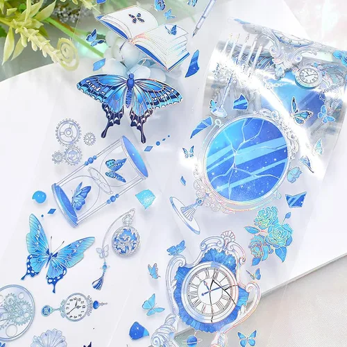 Cinta washi de PET de diseño vintage de mariposa y universo estrellado con efecto láser/luz de concha para decoración de bricolaje (90478)