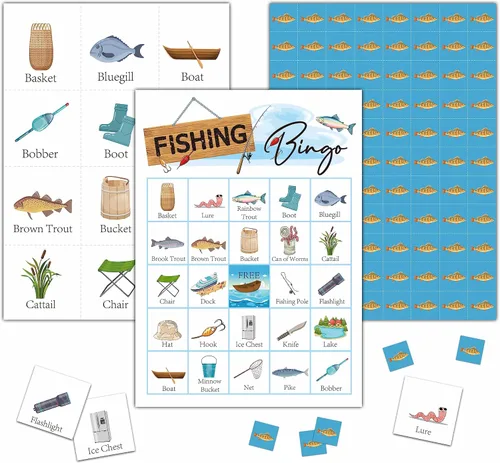 Juego de bingo de pesca - Tarjeta de bingo de pesca Let's Go - Juego de 24 jugadores para actividades en interiores y exteriores - Fiesta de