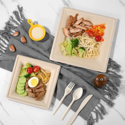 Miniatura 5 de Juego de platos de papel compostables para fiestas, 300 unidades, platos cuadrados de papel marrón de 10 y 8 pulgadas, utensilios y servilletas