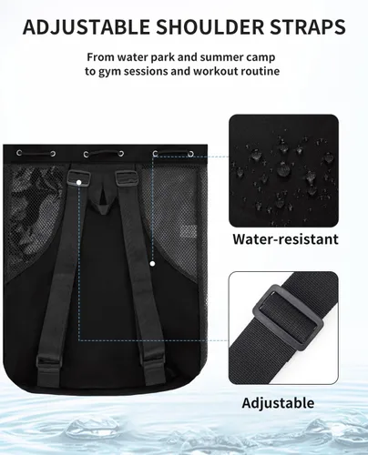 Miniatura 6 de WANDF Mochila de Malla con Cordón para Natación, con Bolsillo para Artículos Húmedos, para Natación, Gimnasio y Equipo de Entrenamiento Negro