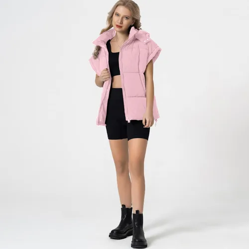Miniatura 28 de Shiyifa Chaleco acolchado para mujer, chaqueta de gran tamaño, sin mangas, ligera, con cremallera, con capucha desmontable