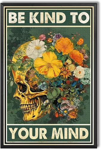 Miniatura 13 de TSEZLOJH Lienzo decorativo para pared, diseño de flores con texto en inglés «Be Kind to Your Mind», diseño retro para tus familiares y amigos, marco