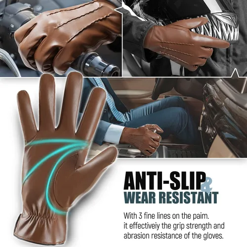 Miniatura 2 de QUKOPSE Winter Leather Gloves for Men,Touchscreen Snow Driving Gloves with Cashmere Lining for Motorcycle Driving Riding